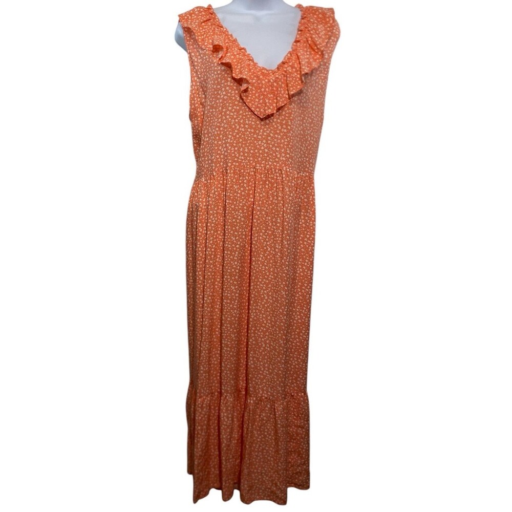 Old Navy Dress Women Size XL Midi Sleeveless Ruffled V Neck Pink Ditsy Floral